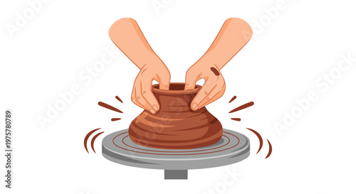 Skilled hands meticulously molding wet clay into a pot on a spinning pottery wheel with dynamic splashes flying off the rotating surface in studio.