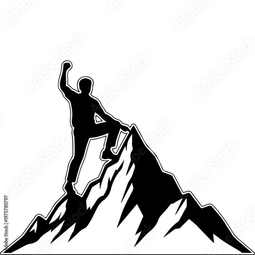 A triumphant man standing on a mountain peak in silhouette mode