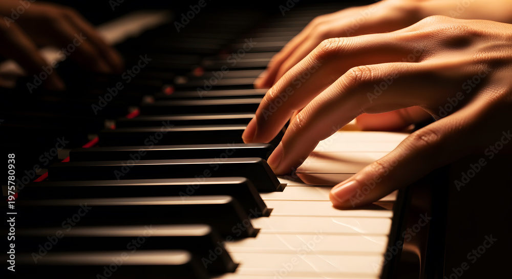 Fototapeta premium Close-up of Pianist Fingers Playing Grand Piano with Warm Dramatic Lighting