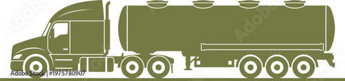 Green semi truck with tanker trailer on transparent background.