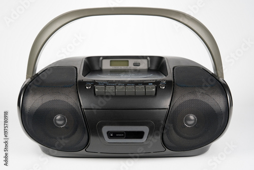 Black portable CD radio cassette player with MP3 playback isolated on white
