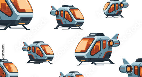 Repeating pattern of futuristic helicopters featuring vibrant orange windows and sleek metallic bodies arranged against a clean plain white background.