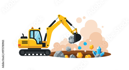 A vibrant yellow mechanical excavator meticulously digs into a deep dark brown pit to extract sparkling blue and gold crystalline mineral deposits today.