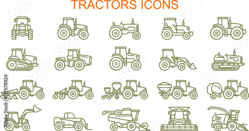 Tractors icons collection showing various models of farm vehicles for land cultivation use.