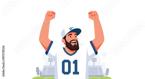 A bearded man wearing a white sports jersey with the number 01 cheers with both fists raised high in a stadium setting during a major athletic victory.