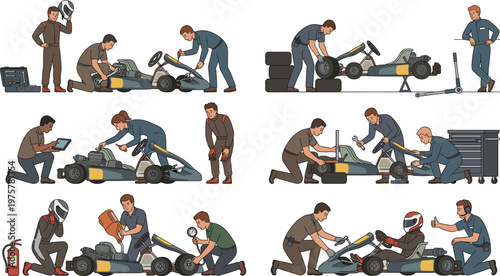 Go Kart Repair and Maintenance Workflow Illustration Set with Mechanics Fixing Engine, Tire Replacement, Inspection Process, and Racing Vehicle Service Scenes