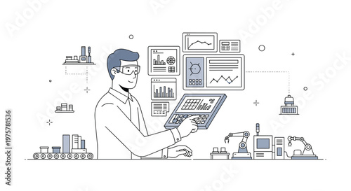 A technician wearing safety goggles interacts with a digital tablet displaying complex industrial data alongside automated robotic machinery in a factory.