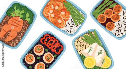 Five rectangular food containers are arranged, each containing a different healthy meal with proteins like salmon, shrimp, and scallops with vegetables.