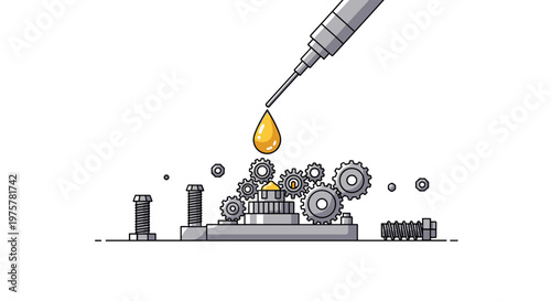 A precise metallic syringe drips golden lubricant onto a cluster of interlocking mechanical gears surrounded by scattered industrial hardware components.