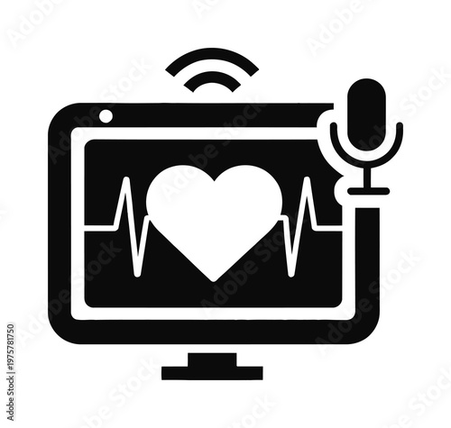 Vector of a computer monitor displaying a heartbeat with a microphone on the side.