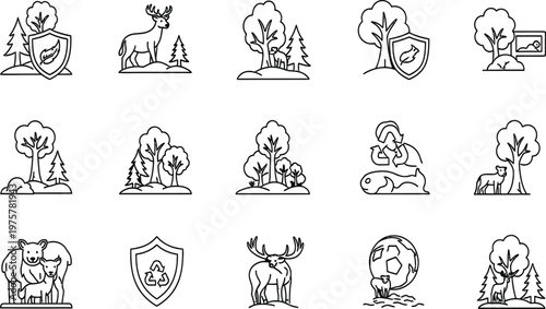 Eco friendly icons, conservation symbols, wildlife protection signs, environmental logos, 20 black and white illustrations