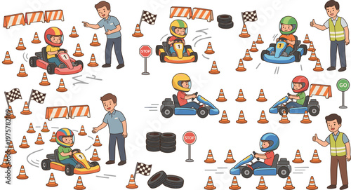 Kids Go Kart Driving Training Illustration Set with Children Learning Racing Skills, Safety Cones, Instructor Guidance, Track Practice, and Beginner Motorsport Scenes