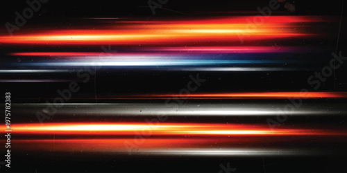 Dynamic abstract horizontal light trails with vibrant neon colors on a dark black background