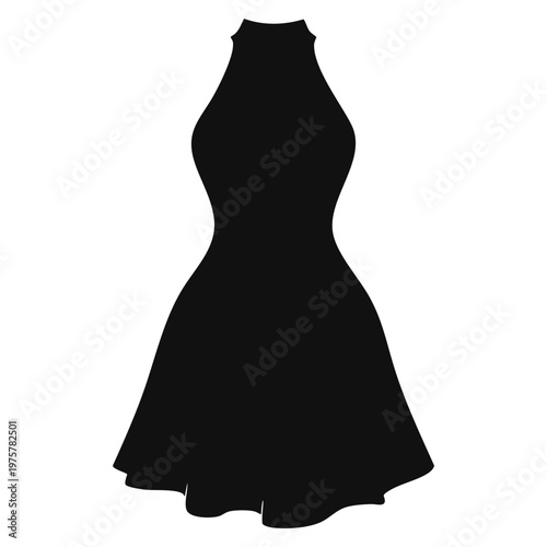 black dress with a sleeveless design is displayed. black silhouette dress features a fitted top and a flared skirt. This design can be worn for casual or formal events