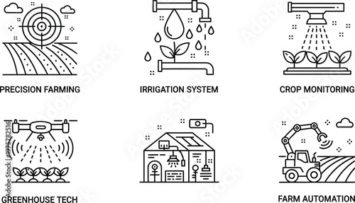 Smart agriculture line icons set, precision farming and irrigation system vector elements, greenhouse technology and farm automation graphics