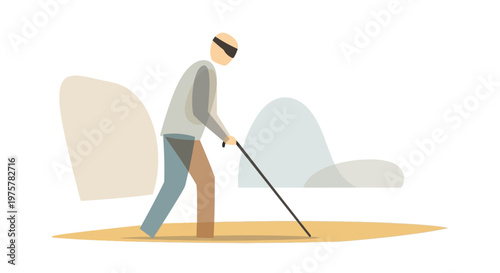 Elderly man with cane walking alone