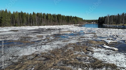 Aerial view of Kiiminkijoki river in Ylikiiminki, Oulu Finland