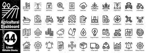 Agricultural dashboard linear icons for smart farm management system.