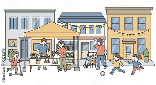 Family enjoying a sunny day on a quiet street with shops