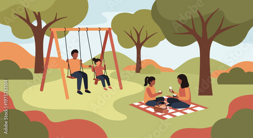Family picnic in a park with children on swings