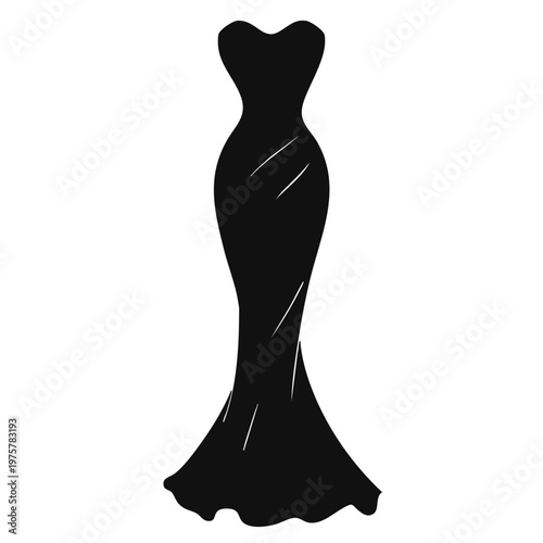 A black dress design silhouette stands tall with a fitted bodice and a flared skirt. This design is suitable for formal events and fashion illustrations. It showcases elegance in dressmaking