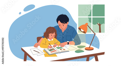 Father and daughter doing homework together at desk