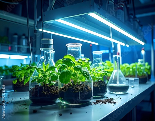 A laboratory setting with various green plants in glass containers on a table under a light source