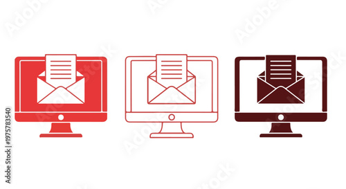 Set of three computer monitors displaying email icons in red, white, and black color schemes for digital communication