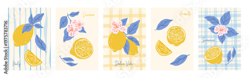 Lemons fruits italian posters. Vector contemporary print with hand drawn lemon, leaves and flowers. Italian summer weekend. Amalfi.Interior painting.