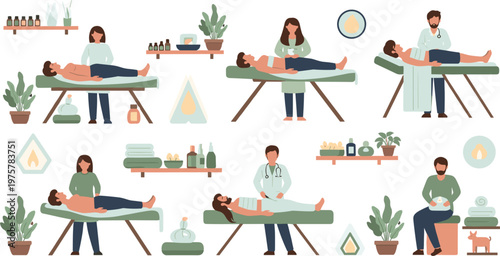 Spa Therapy and Massage Treatment Illustration Set with Relaxing Wellness Scenes, Aromatherapy, Body Care, Professional Therapist, and Holistic Health Concepts