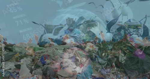 Animation of covid cells over world map and man in face mask