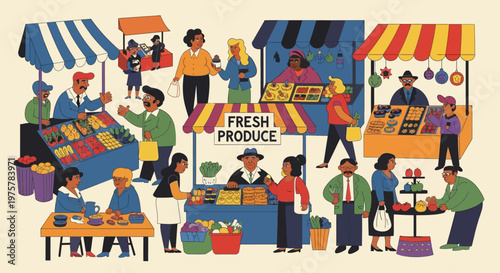 Fresh produce market with diverse people