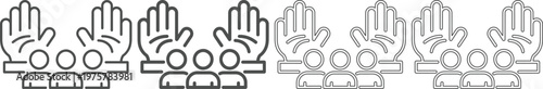 Line icons of people with hands raised in different shades of gray on transparent background for user interface design elements
