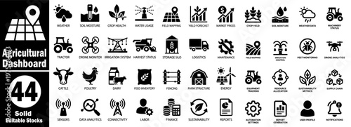 Agricultural Dashboard: Agricultural management software icons for smart farming applications.