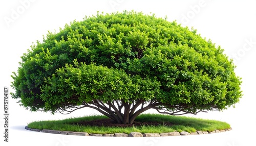 A lush green tree on a grassy mound with stone border
