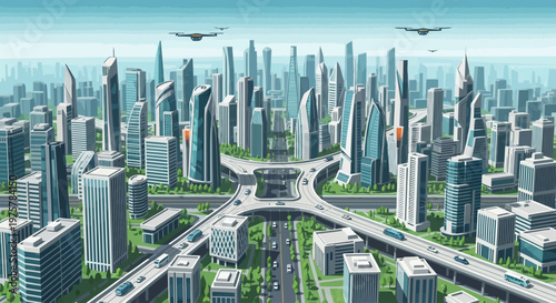 Futuristic cityscape with flying cars and skyscrapers