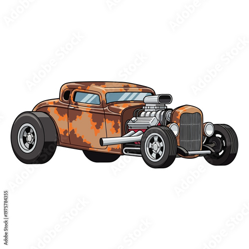 Rusty Hot Rod Coupe with Supercharger and Big Tires - Vector Illustration