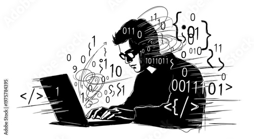 hacker working on laptop with binary code