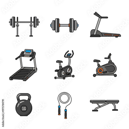 Fitness Equipment Icons: Dumbbell, Treadmill, Kettlebell, Jump Rope, Weight Bench, Exercise Bike