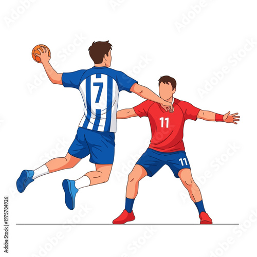 Handball players in action, one jumping to throw ball, opponent defending