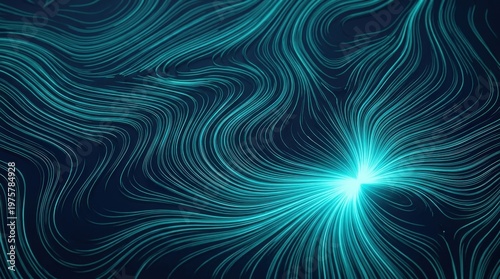 Dark navy surface with abstract glowing flow field, thousands of thin neon turquoise stream lines curving toward a bright off-center attractor, clean scientific aesthetic.