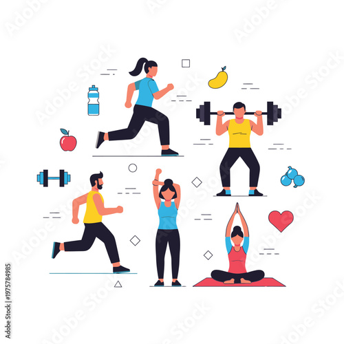 Healthy Lifestyle: Diverse People Exercising and Staying Fit with Icons
