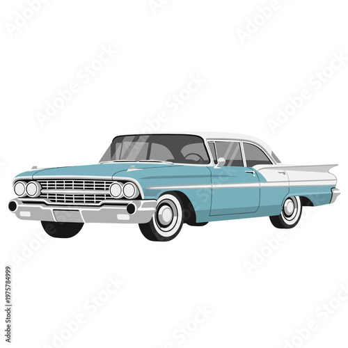 Vintage light blue and white classic American car from the 1950s, isolated on white background