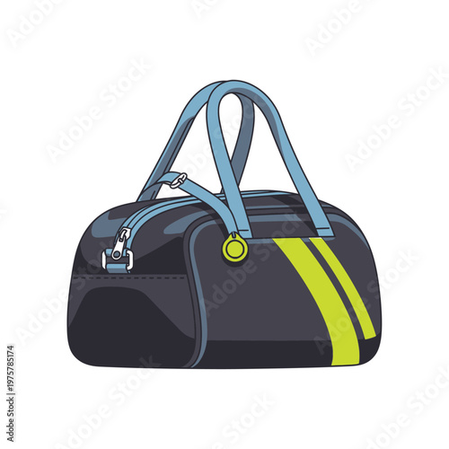 Modern Duffle Bag with Neon Green Stripes and Blue Handles - Isolated