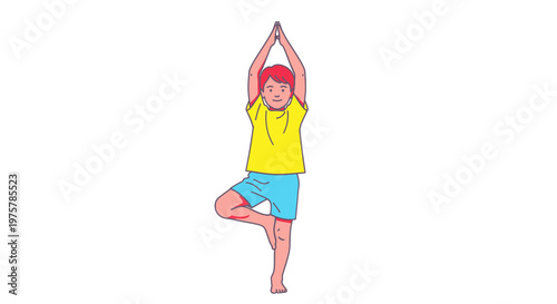 Woman practices yoga in tree pose with hands raised in air and eyes closed in balance