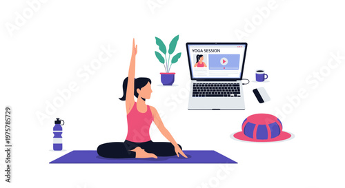 Woman doing yoga at home with laptop and plants around her on a purple mat