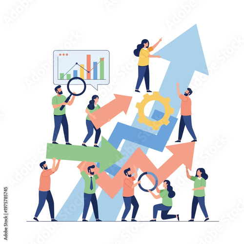 Teamwork and business growth, people working together to achieve success with charts and arrows.