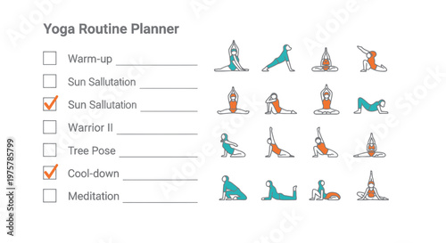 Yoga routine planner with various poses and checkboxes for sun salutation cool down