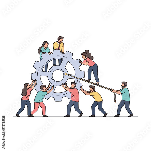 Teamwork turning a large gear, collaboration and synergy for success, business concept illustration