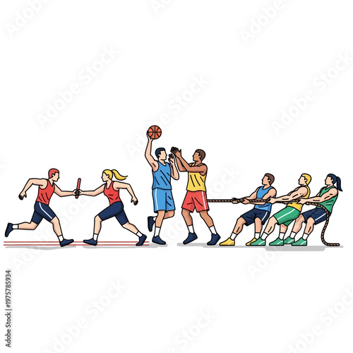 Team Sports Competition: Basketball, Relay Race, and Tug of War